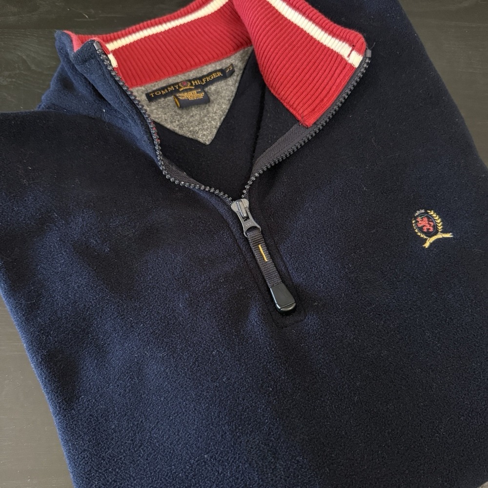 vintage Tommy Hilfiger Fleece Pullover Mens L Navy 1/4 Zip Mock Neck 90s